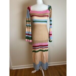 Y2K Crochet Maxi Dress S Small Hippie Boho Beach Cover Up Festival Stripe
